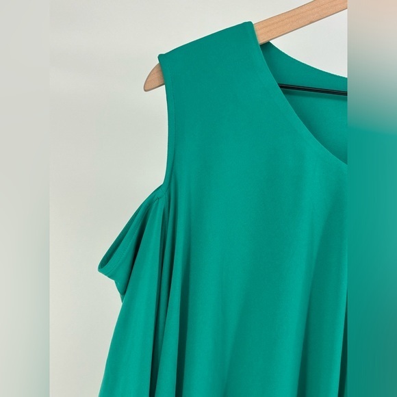 Susan Graver Every Day Liquid Knit Cold‎ Shoulder Tiered Top Teal -3X - Picture 10 of 12